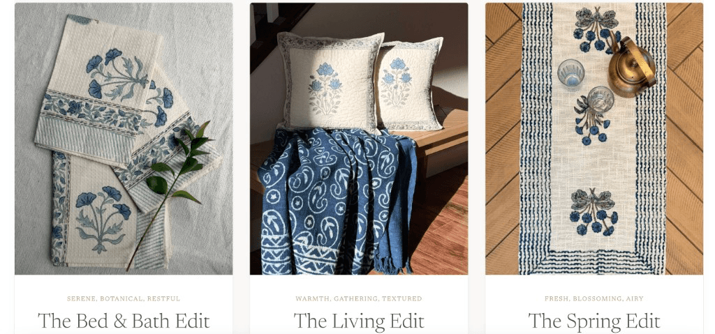 The Edits: Bed & Bath, Living, and Spring entry cards on DewDropHues