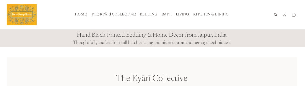 The Kyārī Collective hero: DewDropHues header and announcement bar